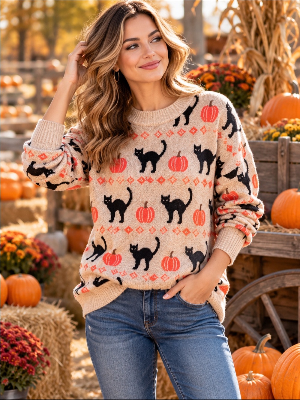 VINCE CAMUTO Women’s Halloween Sweater Tan w/Black Cats & Pumpkins Drop Sleeve